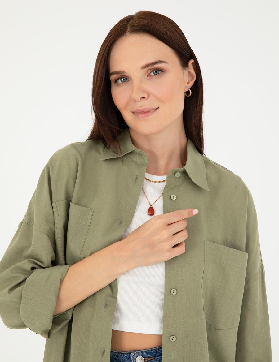 Keten Karışımlı Haki Oversize Gömlek