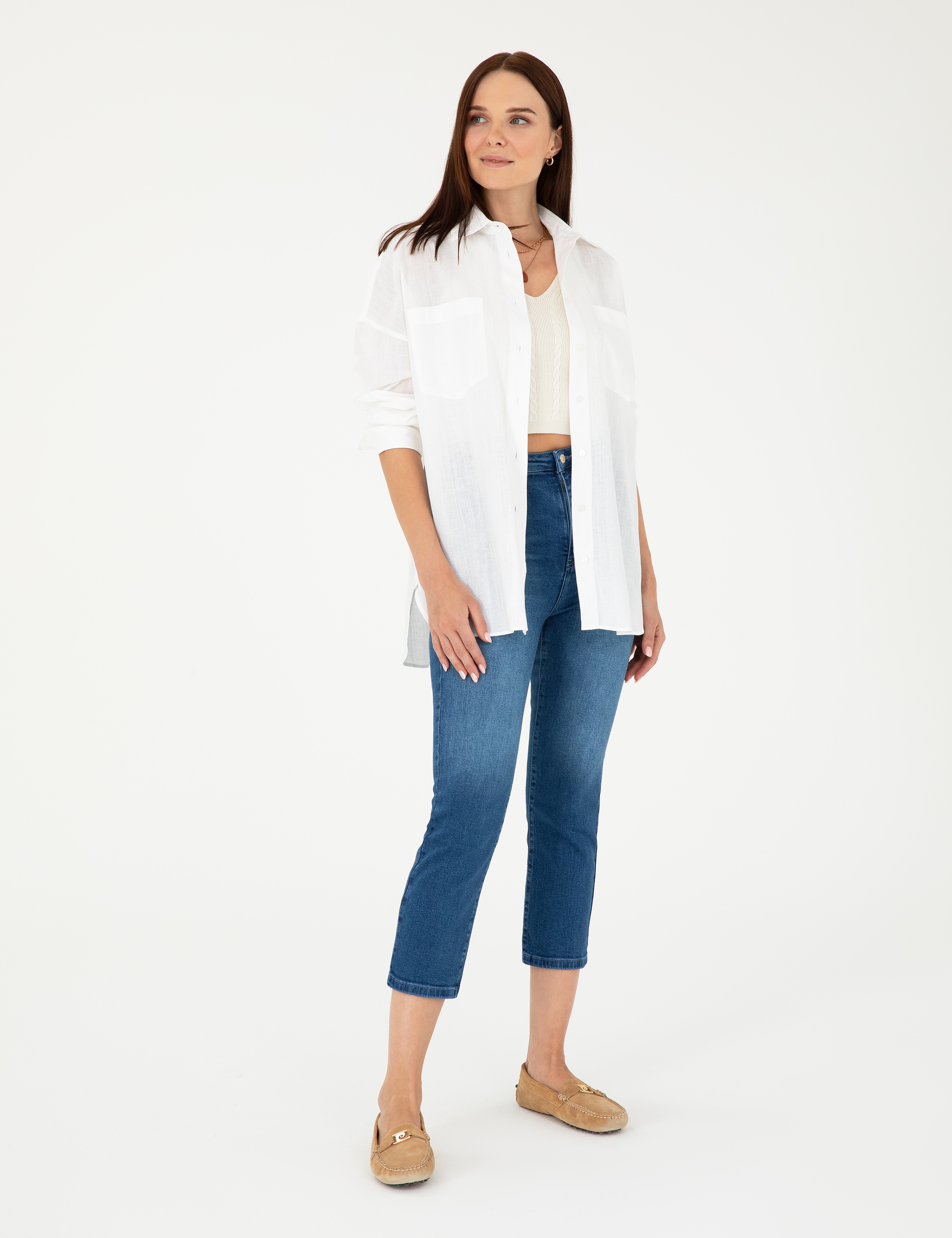 Keten Karışımlı Beyaz Oversize Gömlek