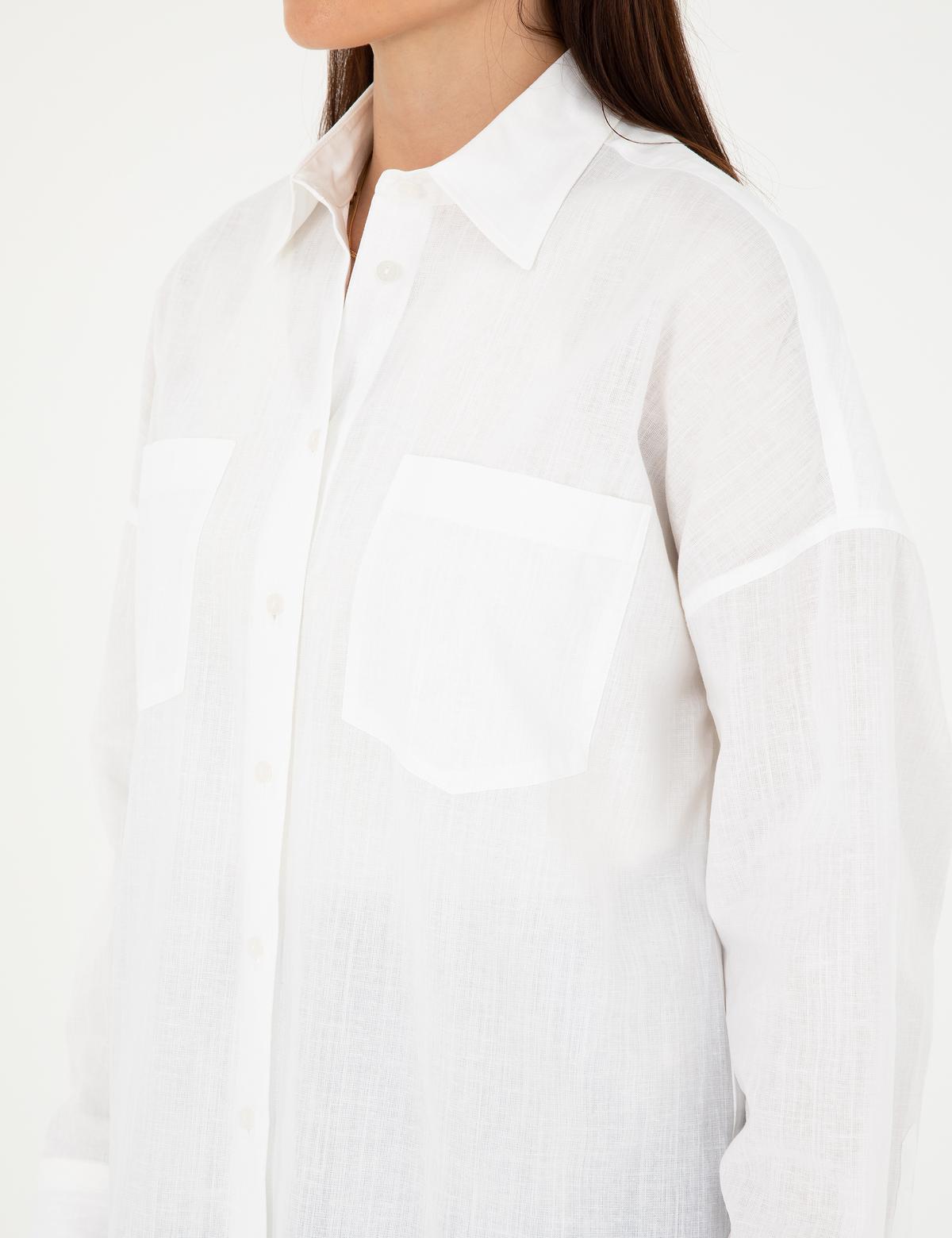 Keten Karışımlı Beyaz Oversize Gömlek - 50292038019