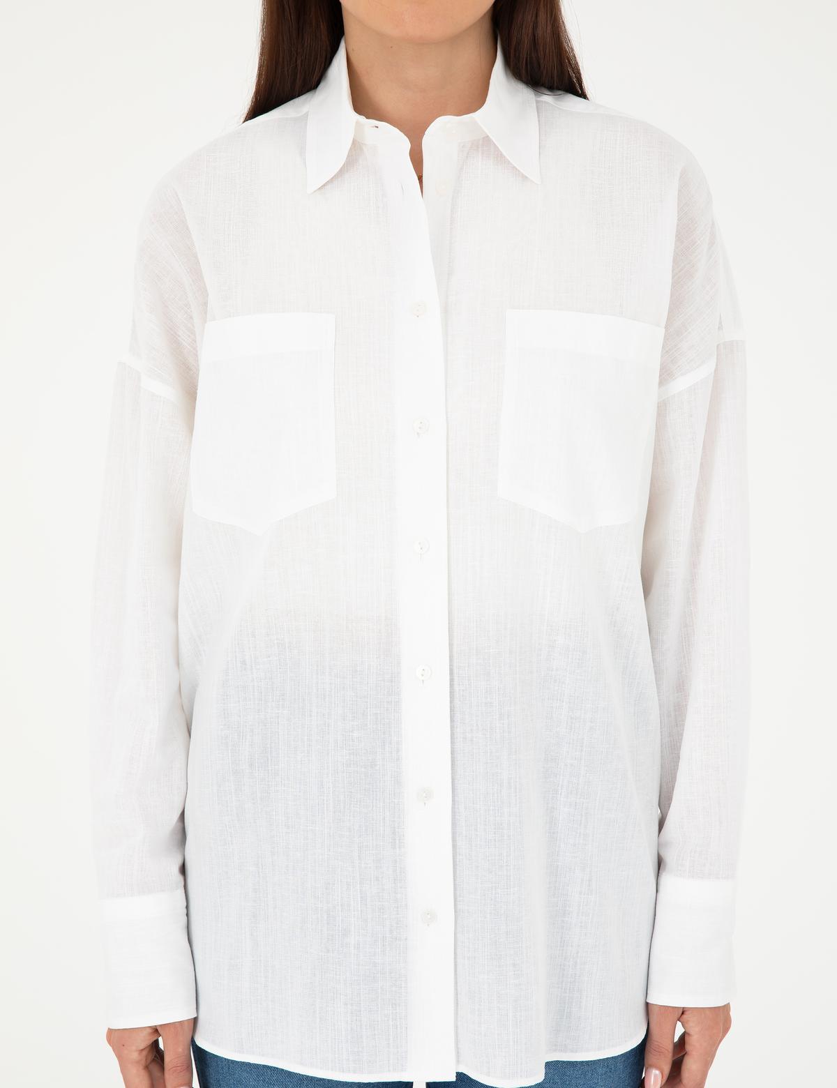 Keten Karışımlı Beyaz Oversize Gömlek - 50292038019