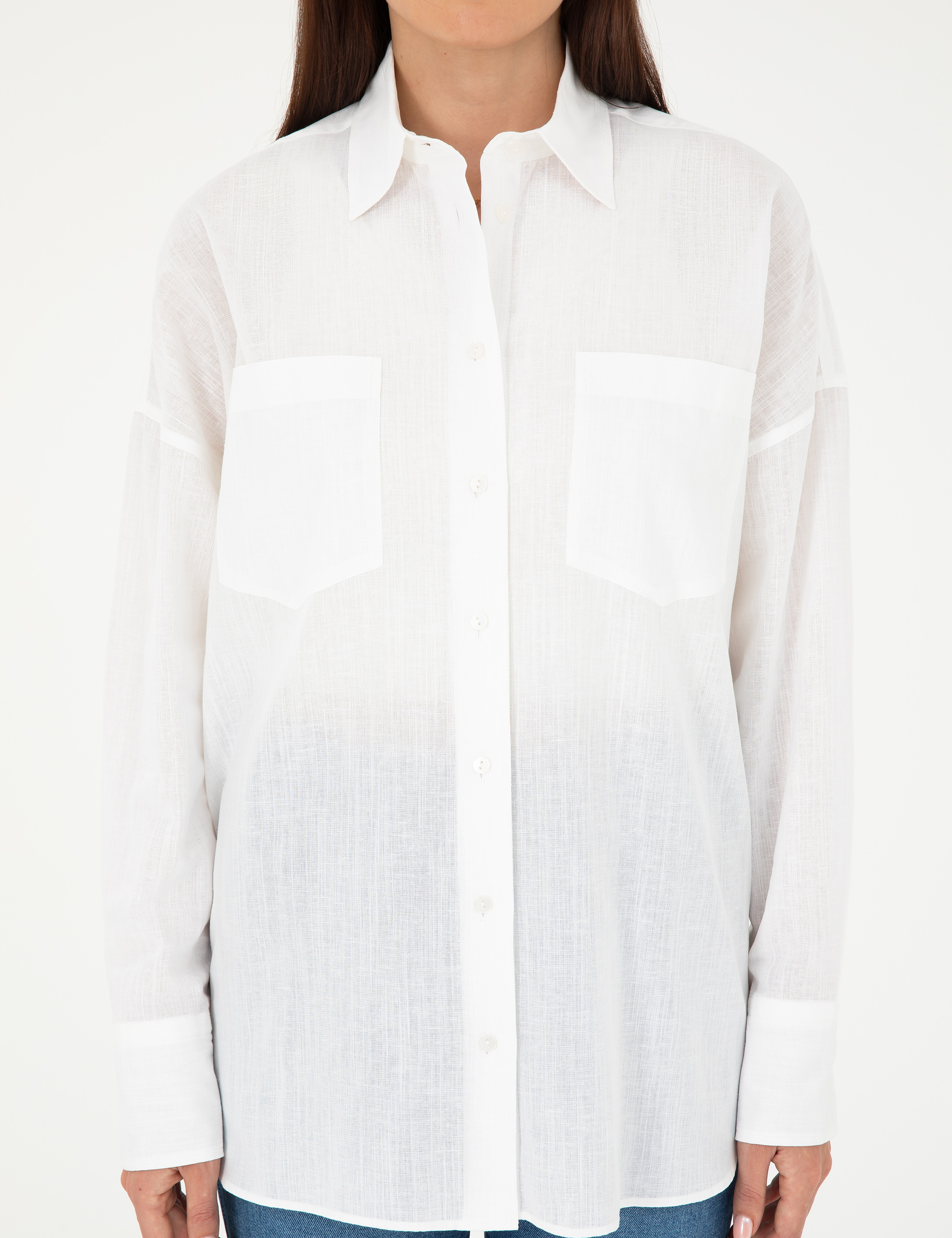 Keten Karışımlı Beyaz Oversize Gömlek - Image 6