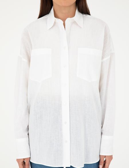 Keten Karışımlı Beyaz Oversize Gömlek - 50292038019