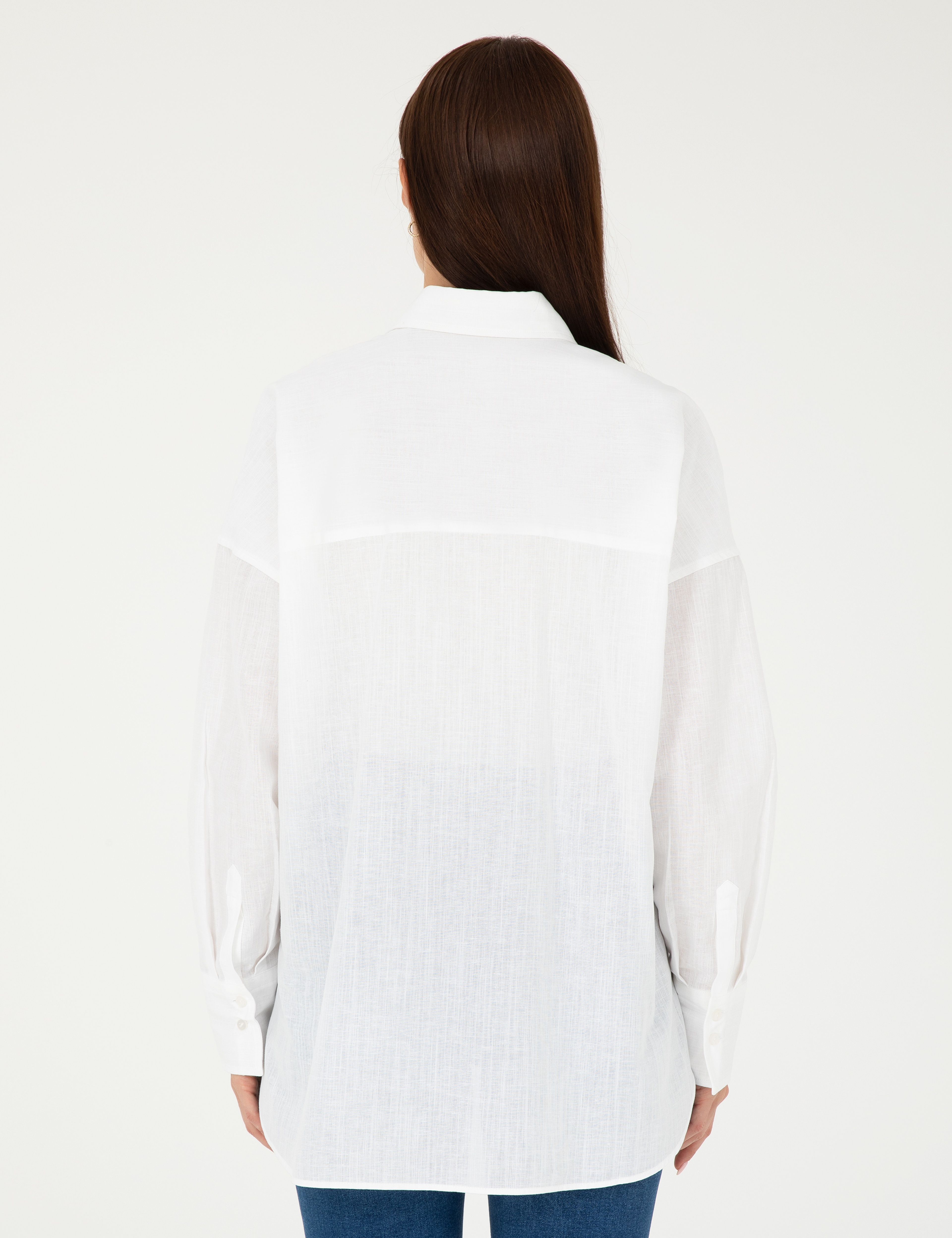 Keten Karışımlı Beyaz Oversize Gömlek