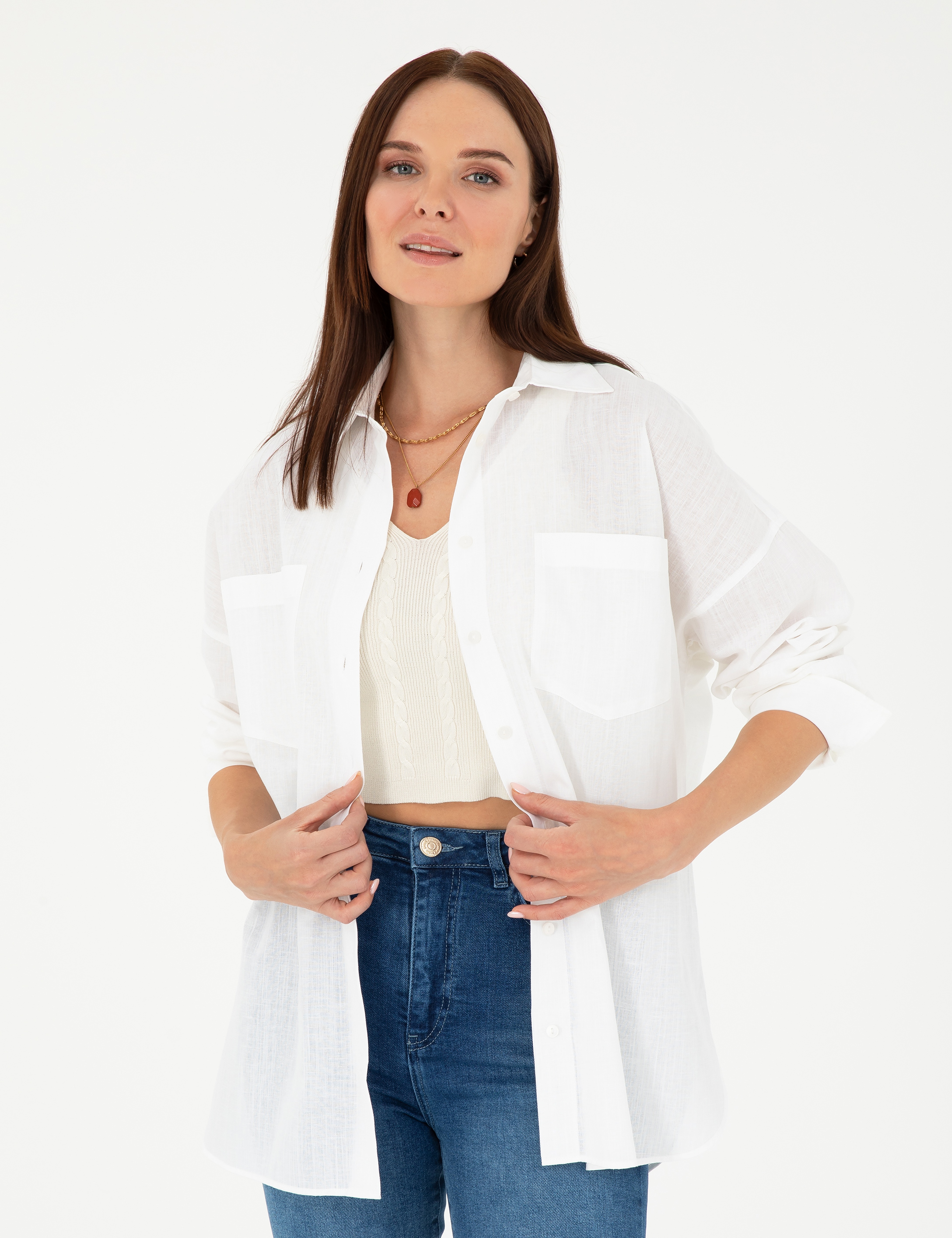 Keten Karışımlı Beyaz Oversize Gömlek