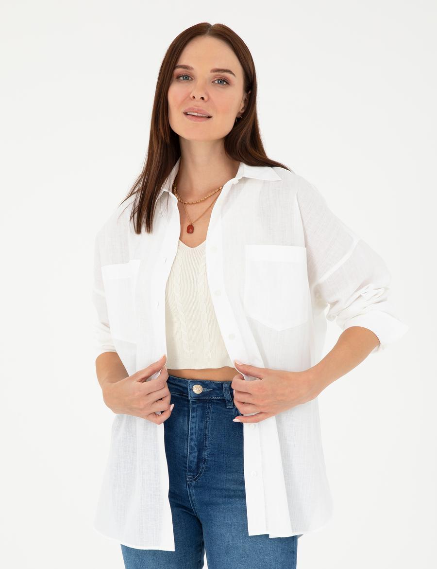 Keten Karışımlı Beyaz Oversize Gömlek