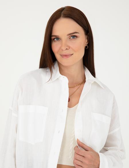 Keten Karışımlı Beyaz Oversize Gömlek - 50292038019