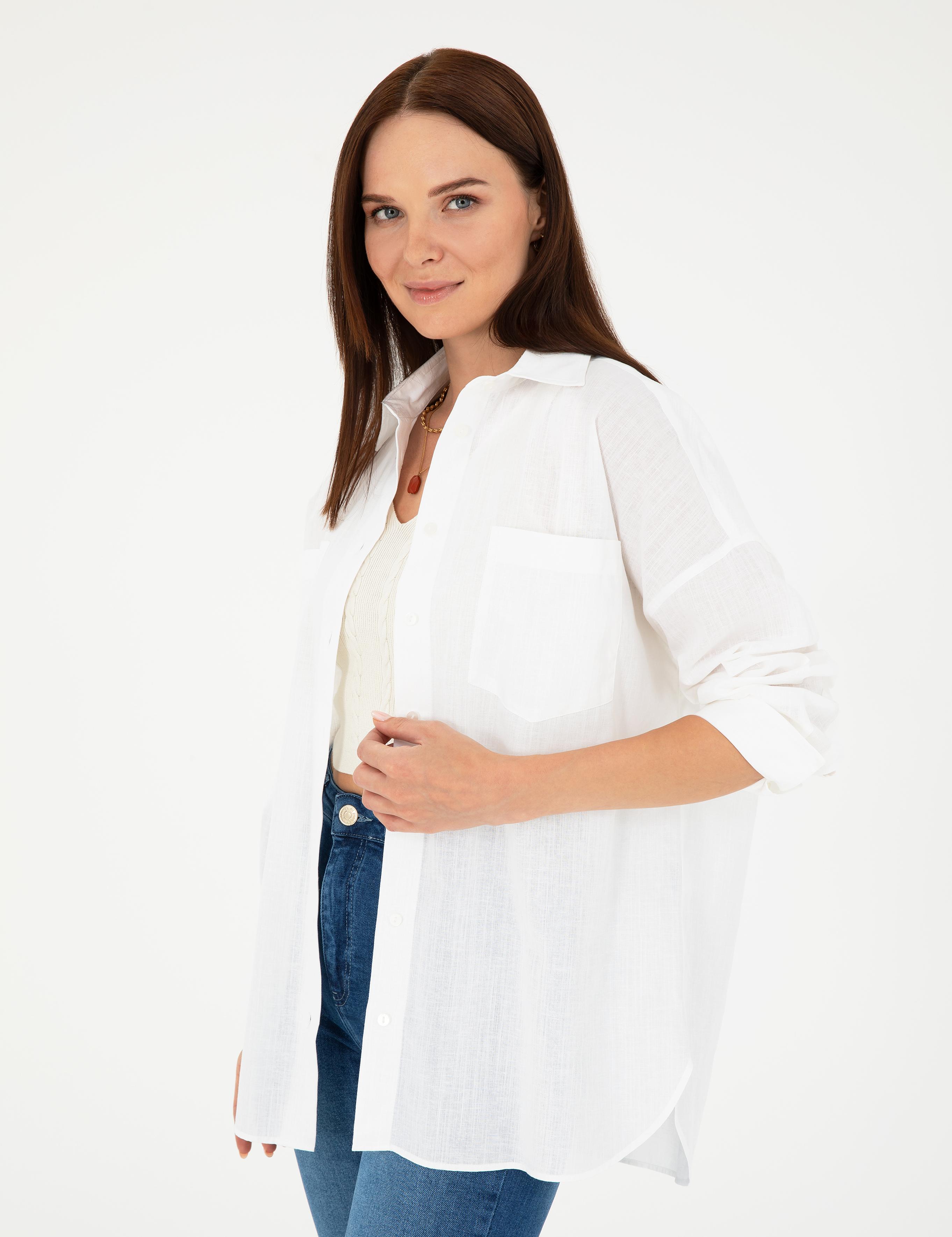 Keten Karışımlı Beyaz Oversize Gömlek