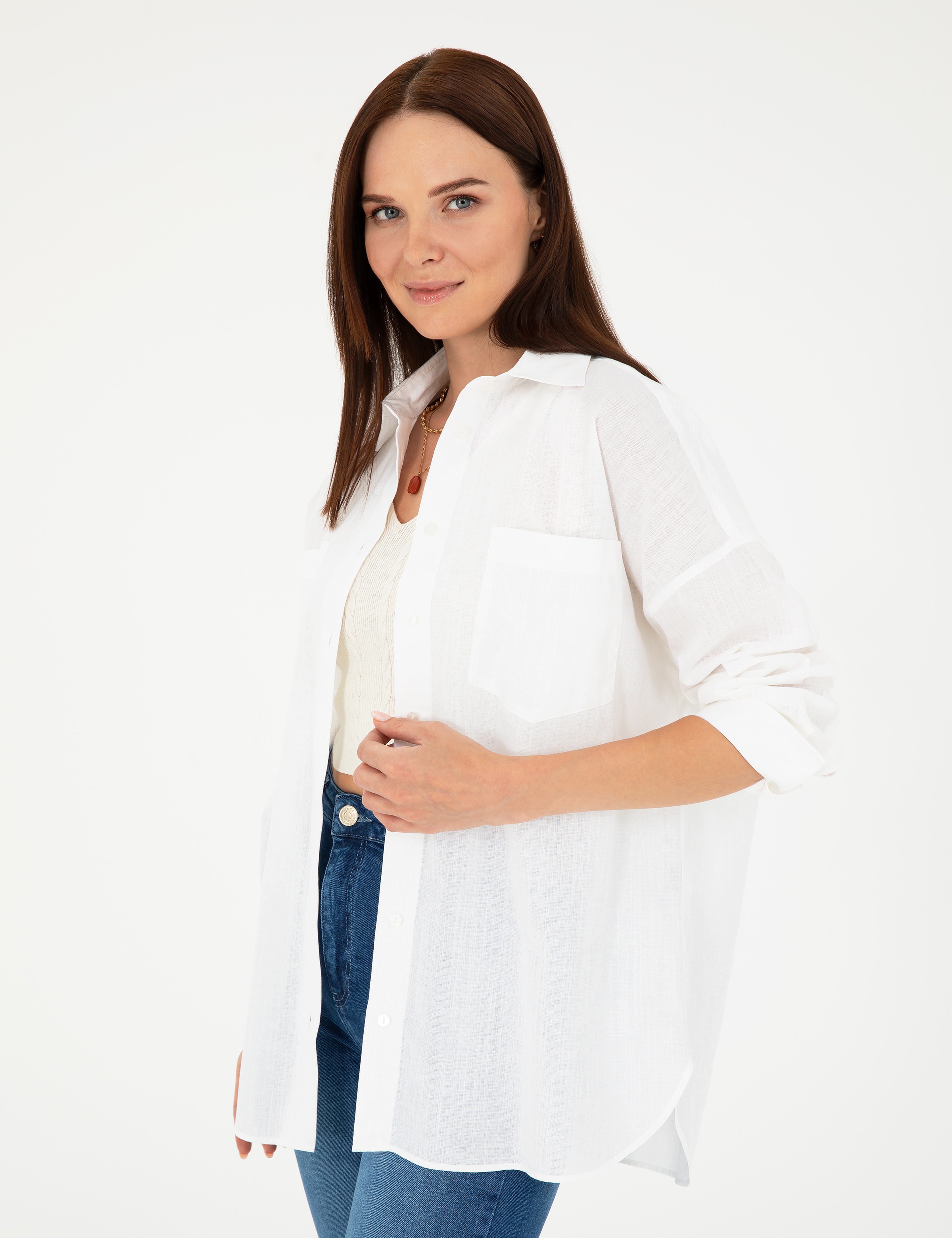 Keten Karışımlı Beyaz Oversize Gömlek