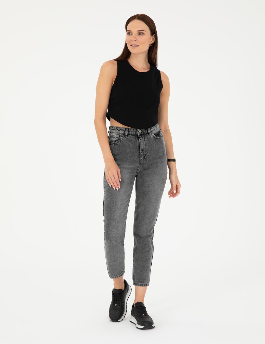Antrasit Mom High Waist Fit Jean Pantolon