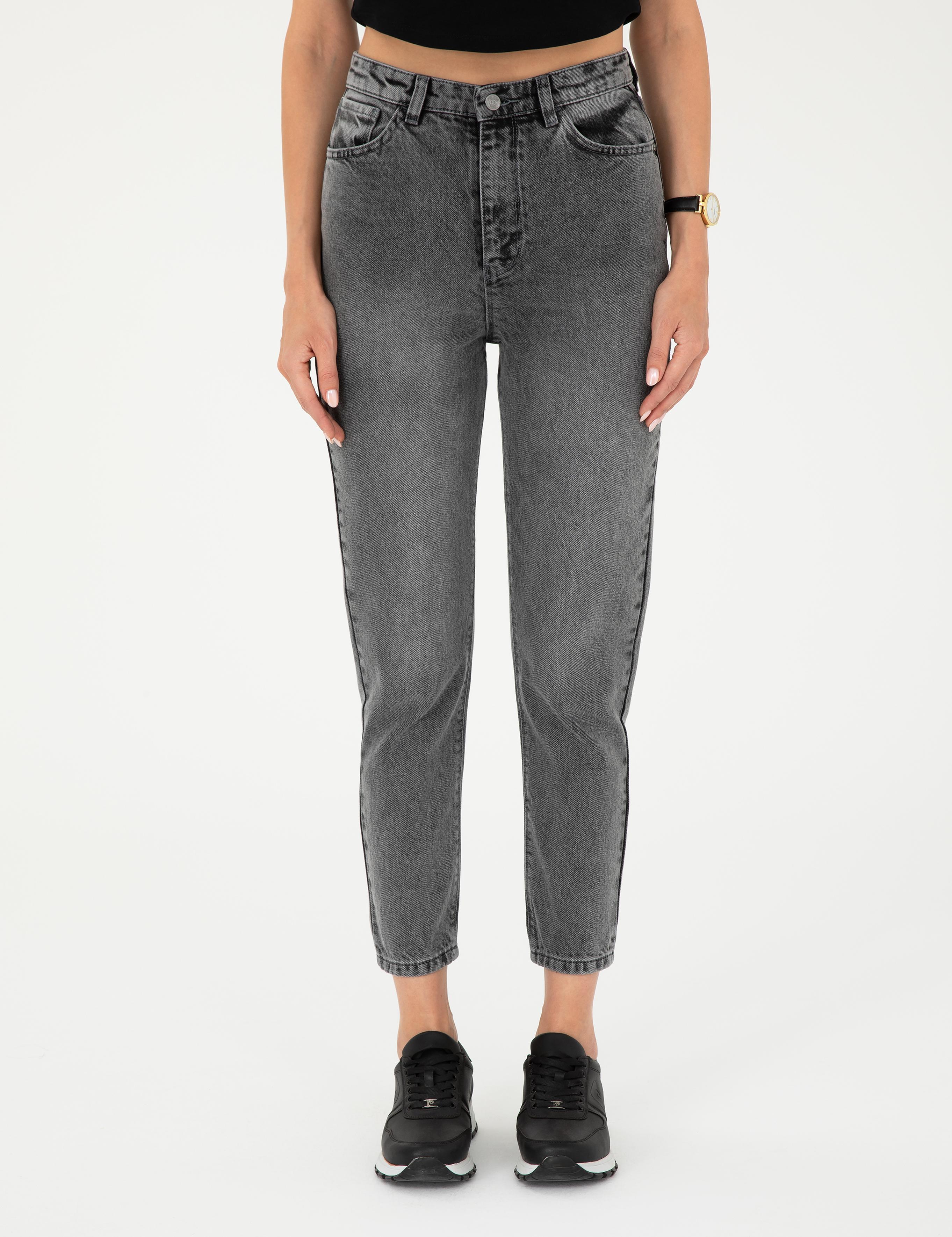 Antrasit Mom High Waist Fit Jean Pantolon