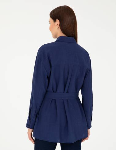 Lacivert Oversize Uzun Kollu Gömlek