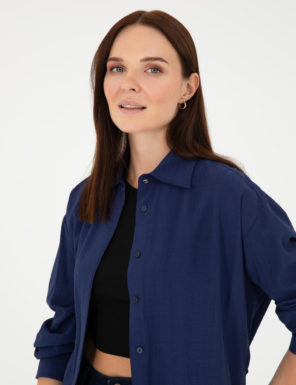 Lacivert Oversize Uzun Kollu Gömlek - 50284899007