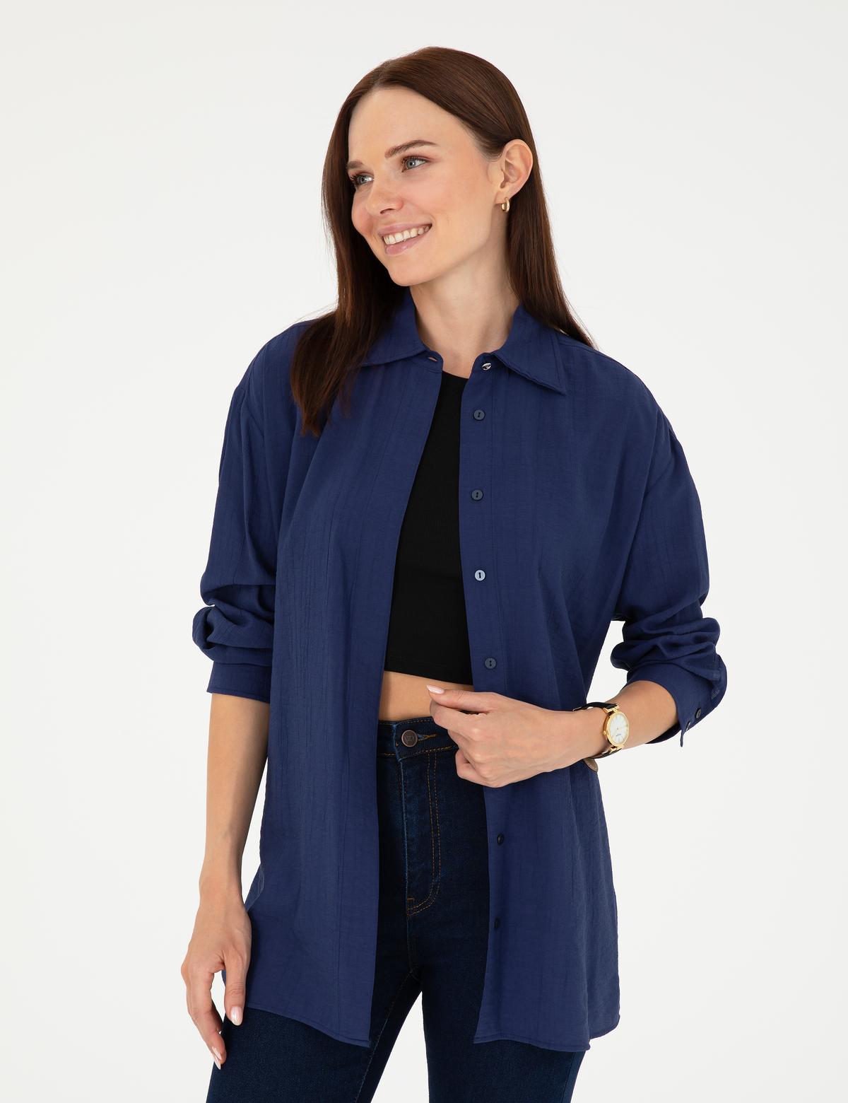 Lacivert Oversize Uzun Kollu Gömlek