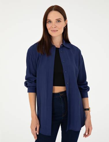 Lacivert Oversize Uzun Kollu Gömlek