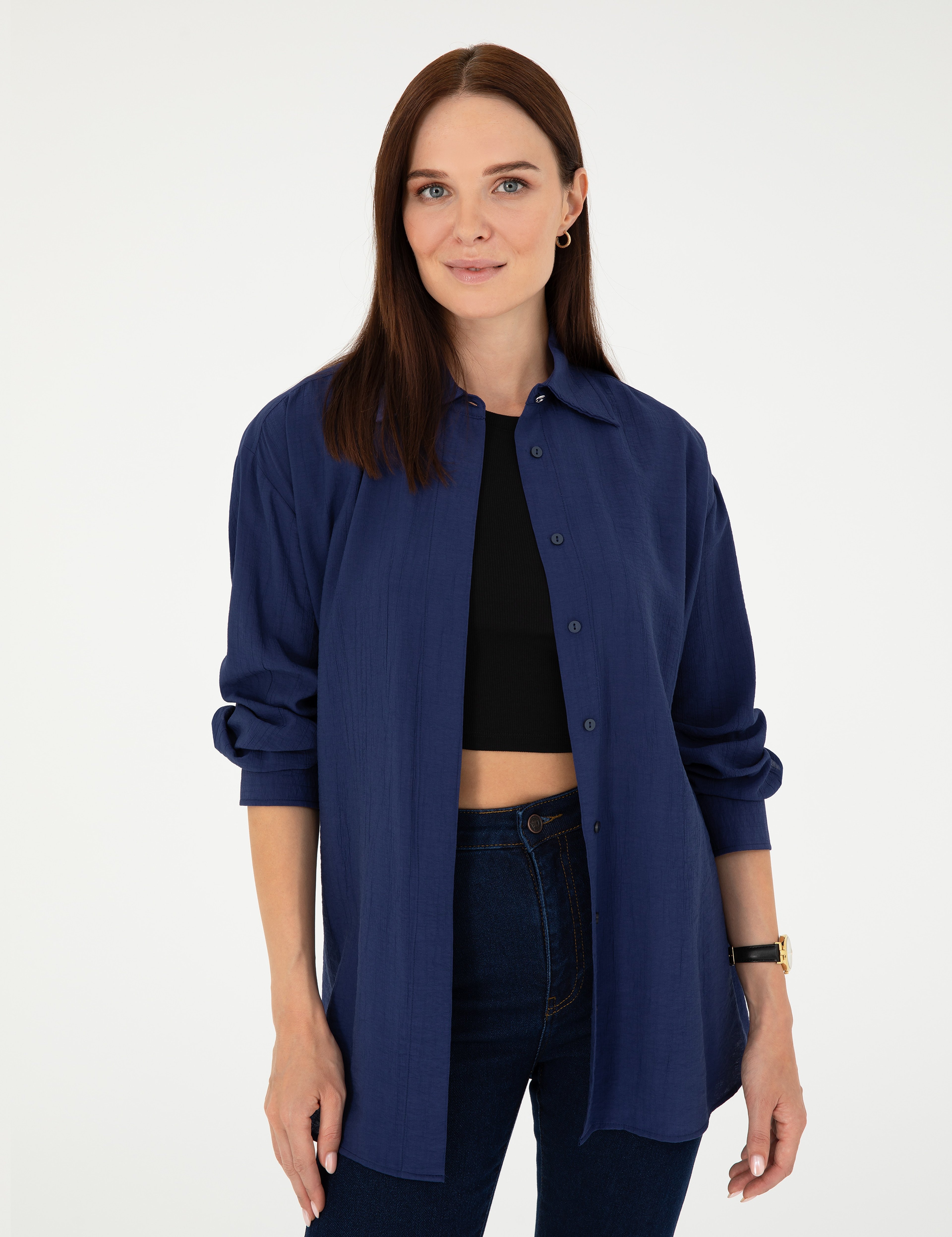 Lacivert Oversize Uzun Kollu Gömlek - Image 3