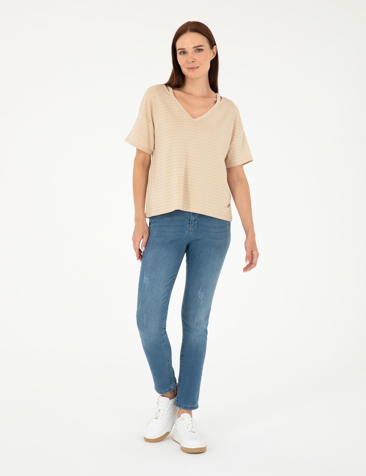 Bej Comfort Fit Çizgili Tişört - 50284066003