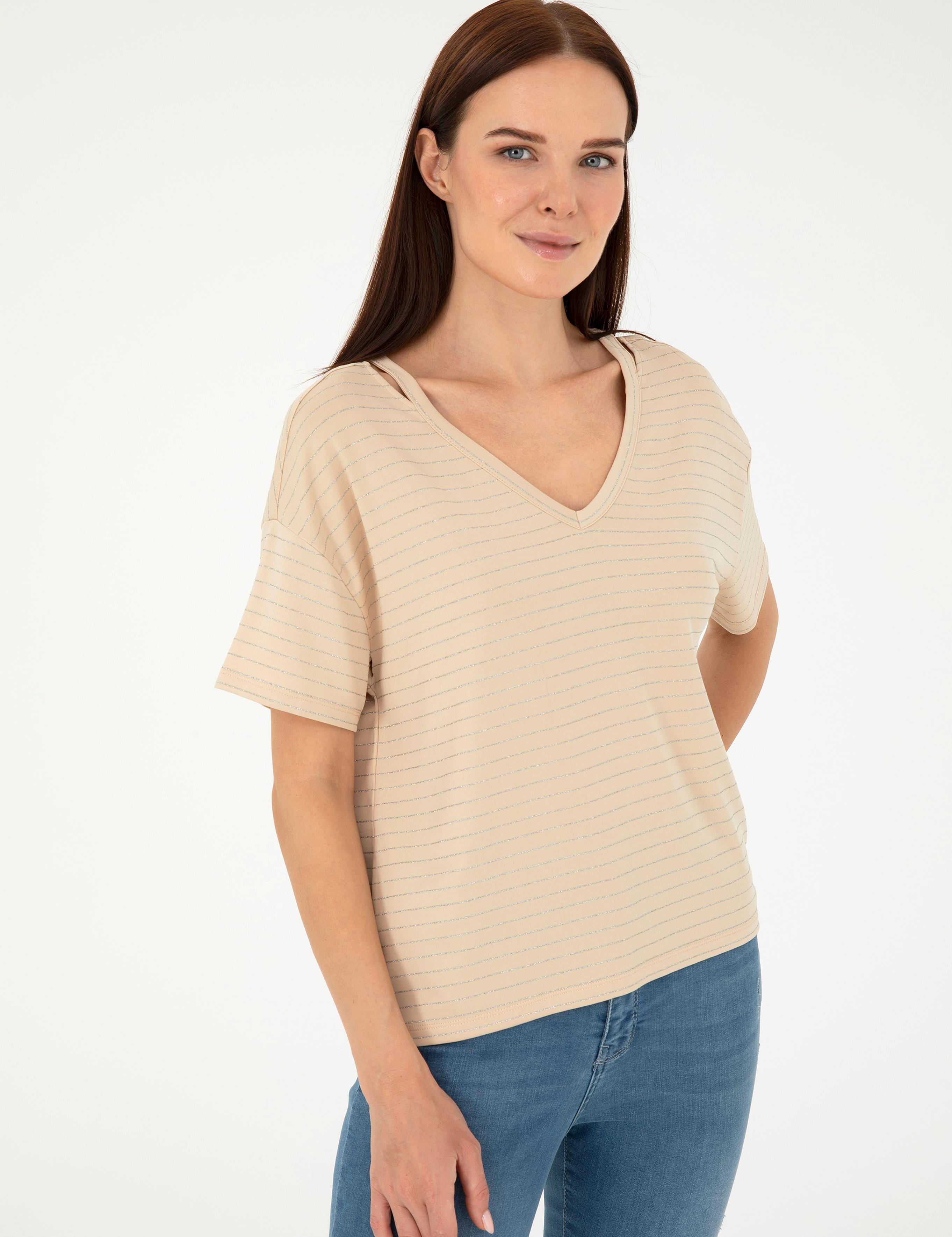 Bej Comfort Fit Çizgili Tişört