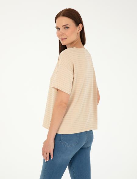 Bej Comfort Fit Çizgili Tişört - 50284066003