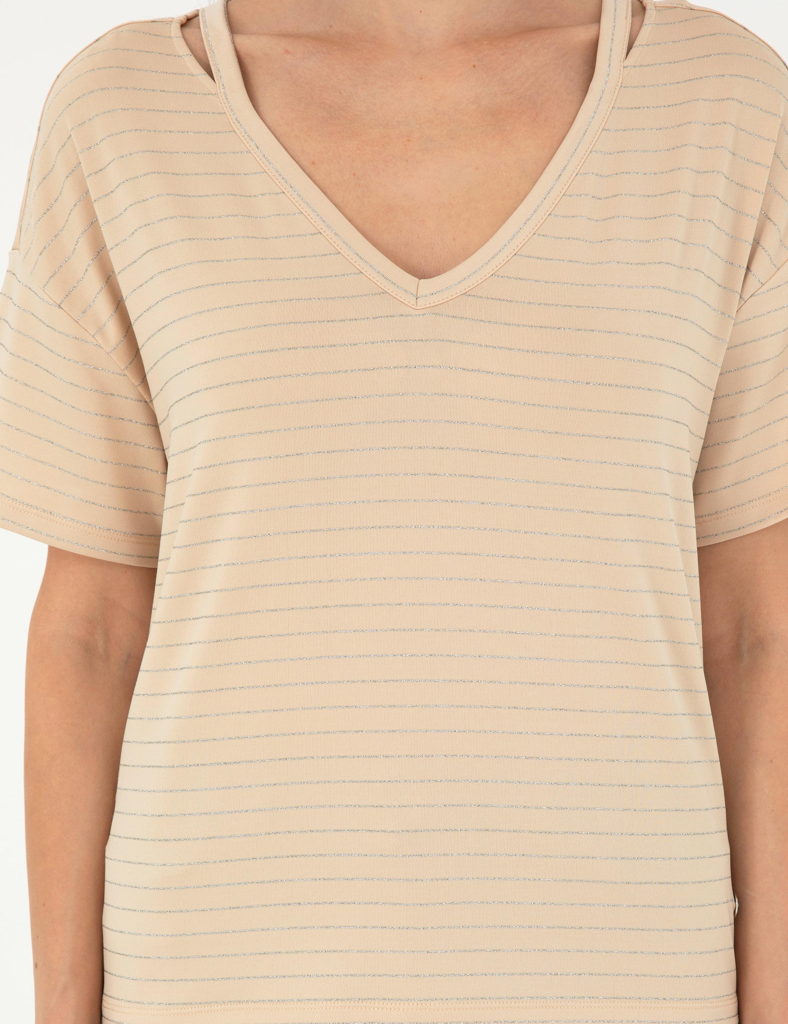 Bej Comfort Fit Çizgili Tişört