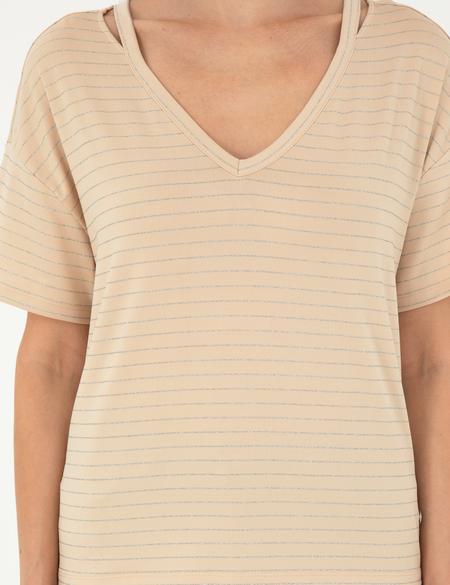 Bej Comfort Fit Çizgili Tişört - 50284066003