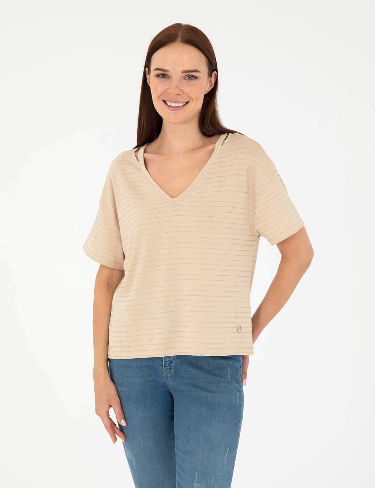 Bej Comfort Fit Çizgili Tişört