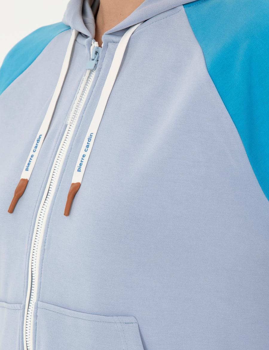 Mavi Kapüşonlu Örme Hırka