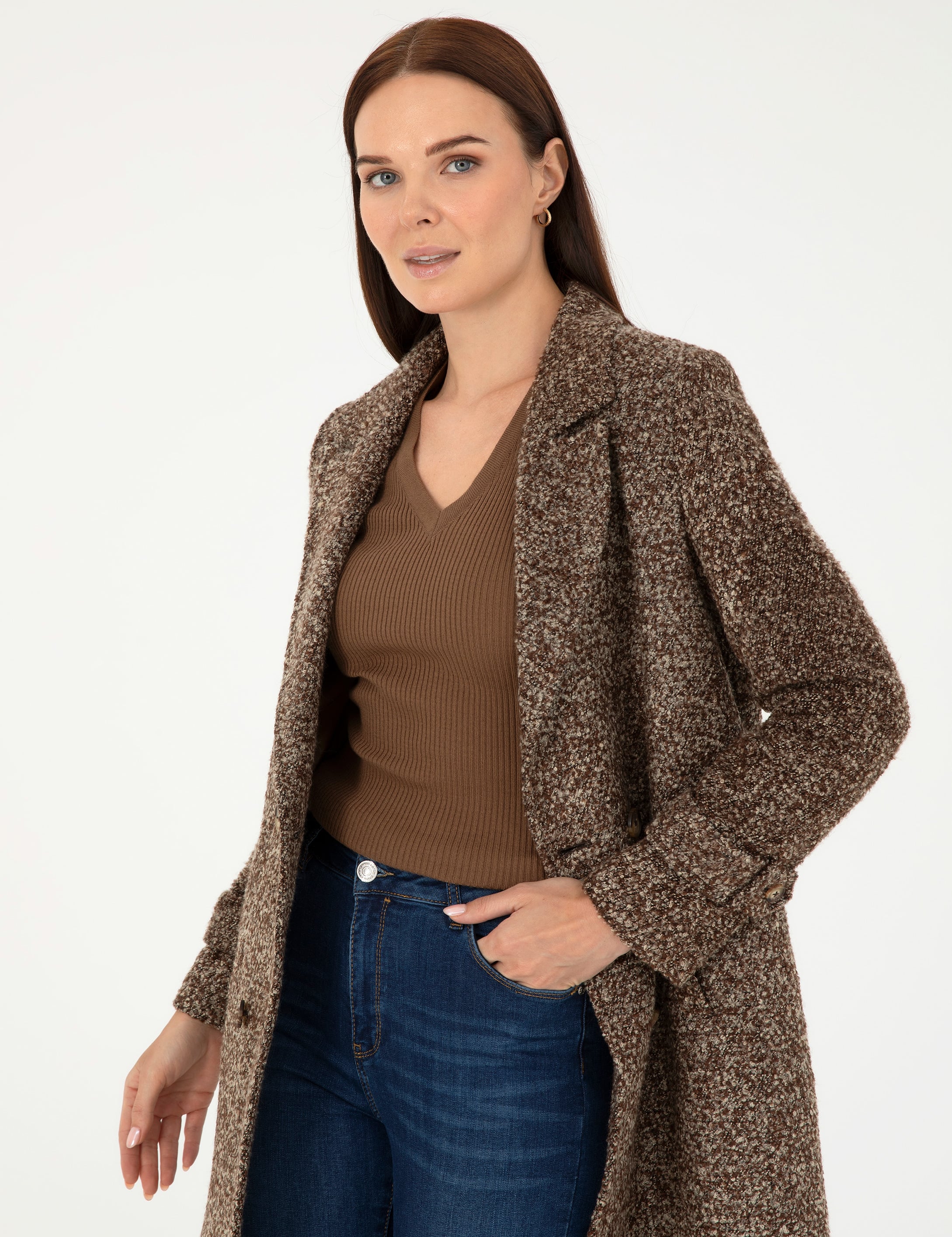 Kahverengi Slim Fit Kaşe Kaban