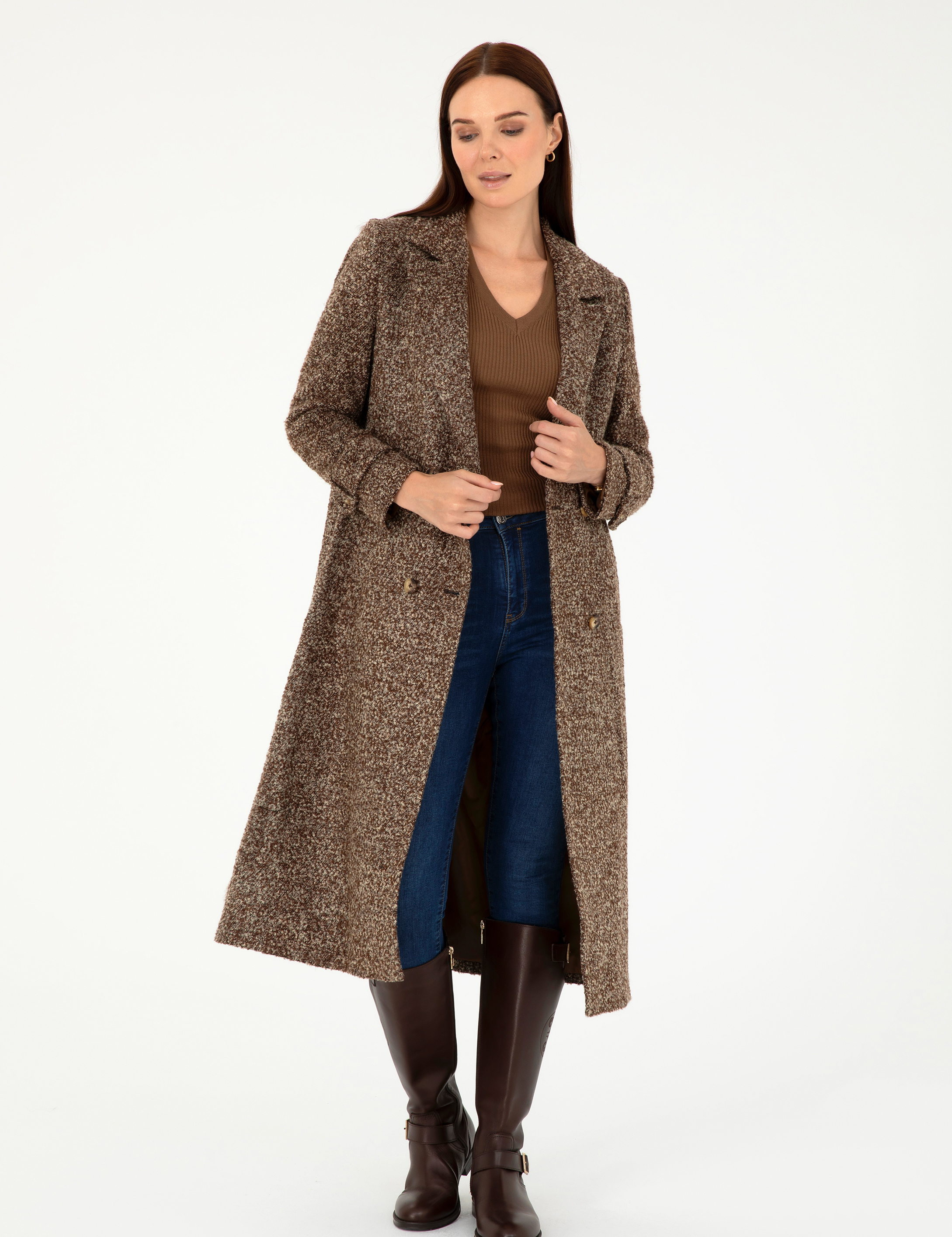 Kahverengi Slim Fit Kaşe Kaban