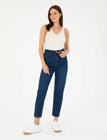 Koyu İndigo Mom Fit Jean Pantolon