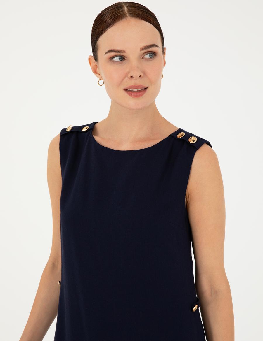 Lacivert Düğme Detaylı Elbise