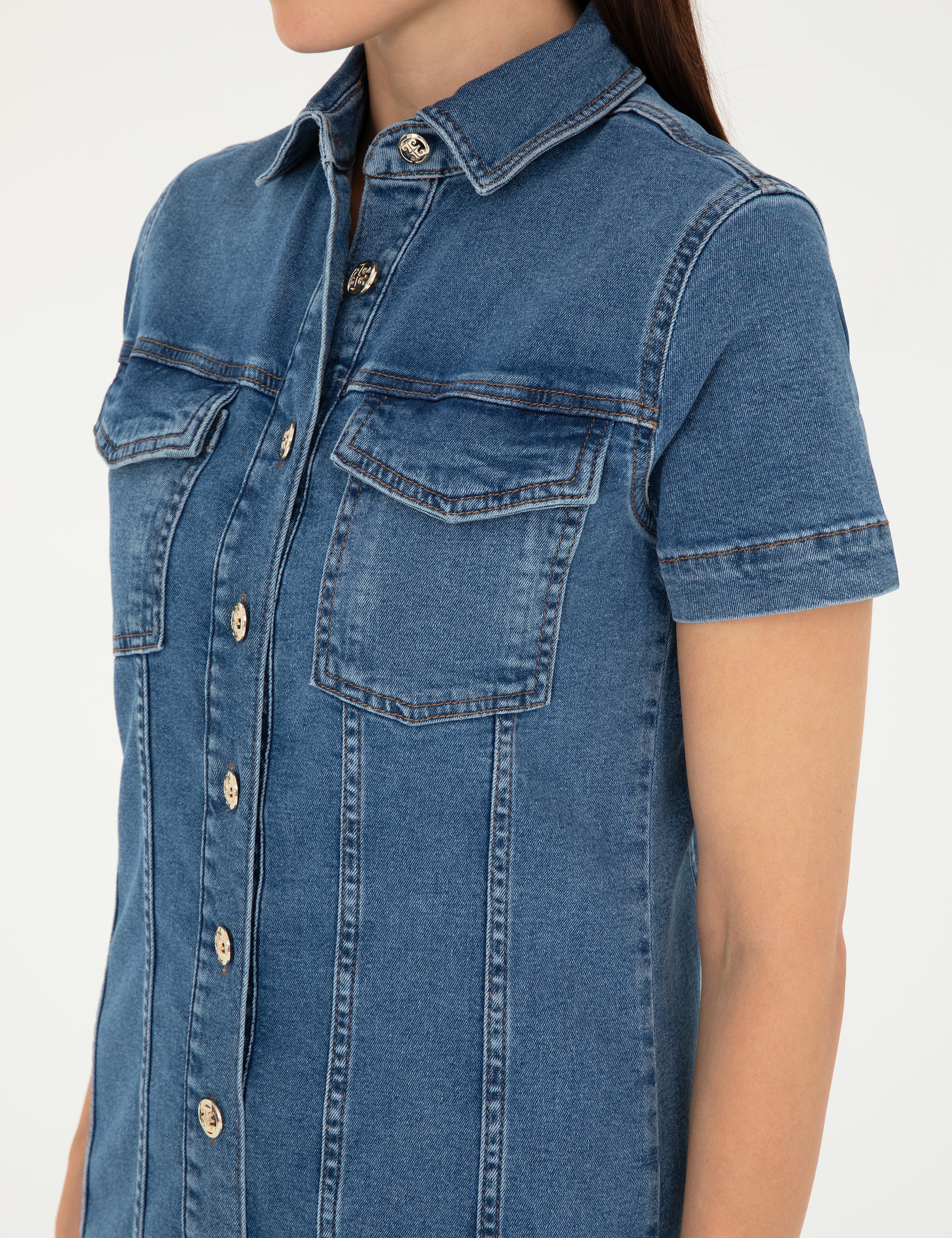 Mavi Kısa Kollu Mini Jean Elbise - Image 6