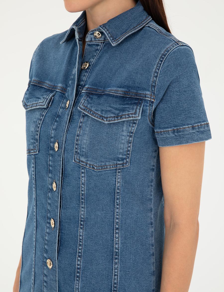 Mavi Kısa Kollu Mini Jean Elbise