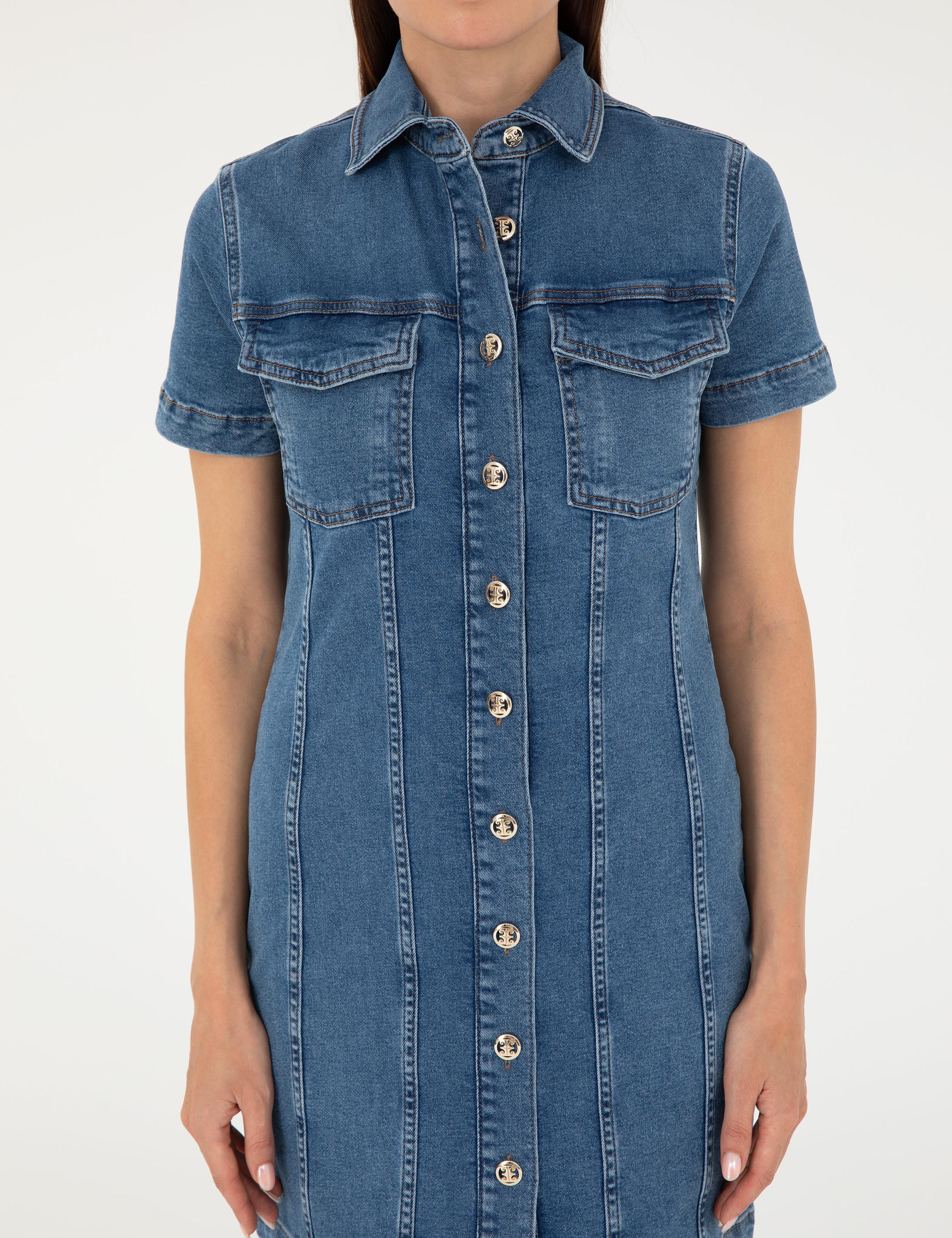 Mavi Kısa Kollu Mini Jean Elbise