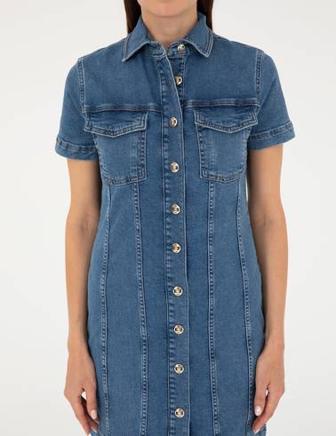Mavi Kısa Kollu Mini Jean Elbise
