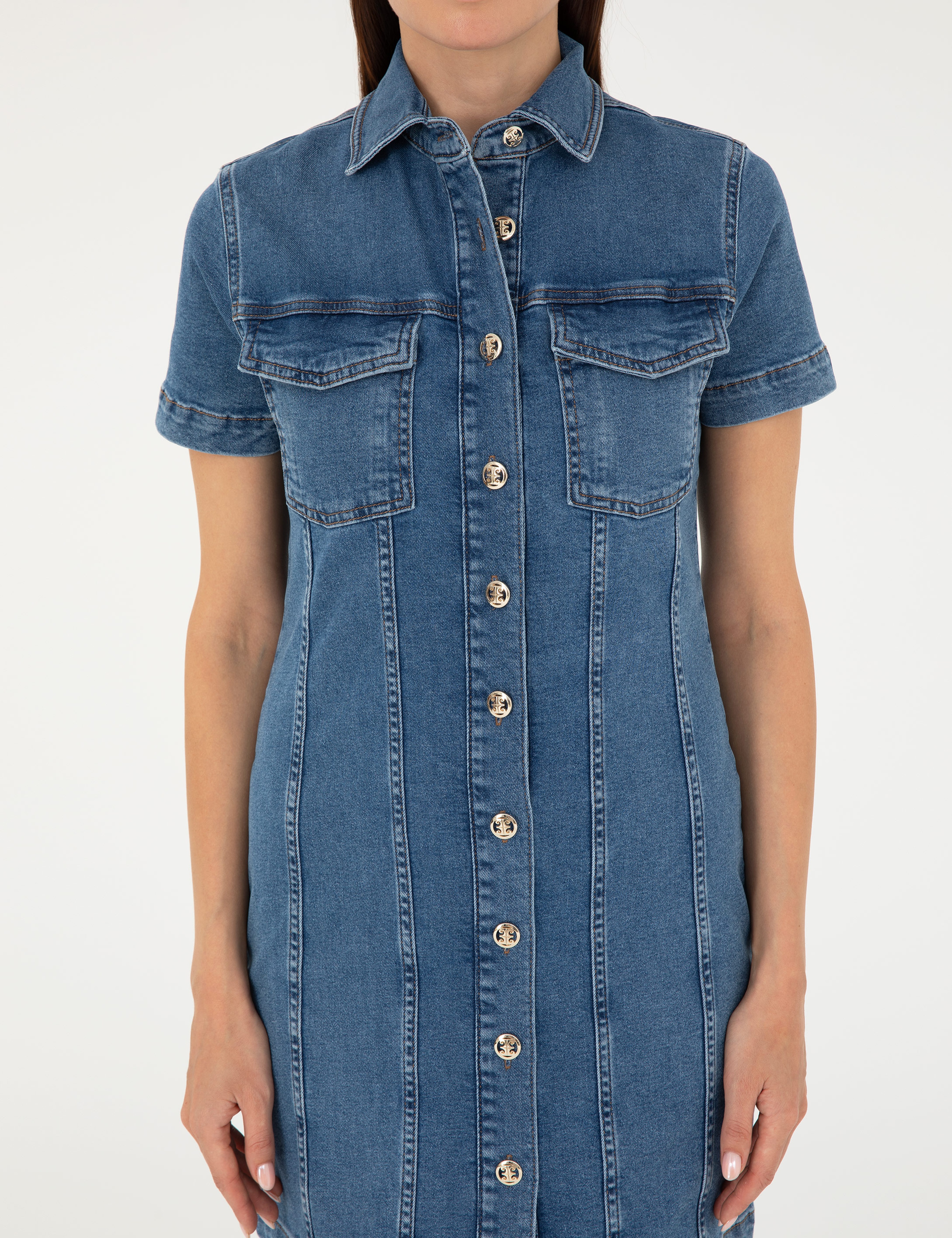 Mavi Kısa Kollu Mini Jean Elbise - Image 5