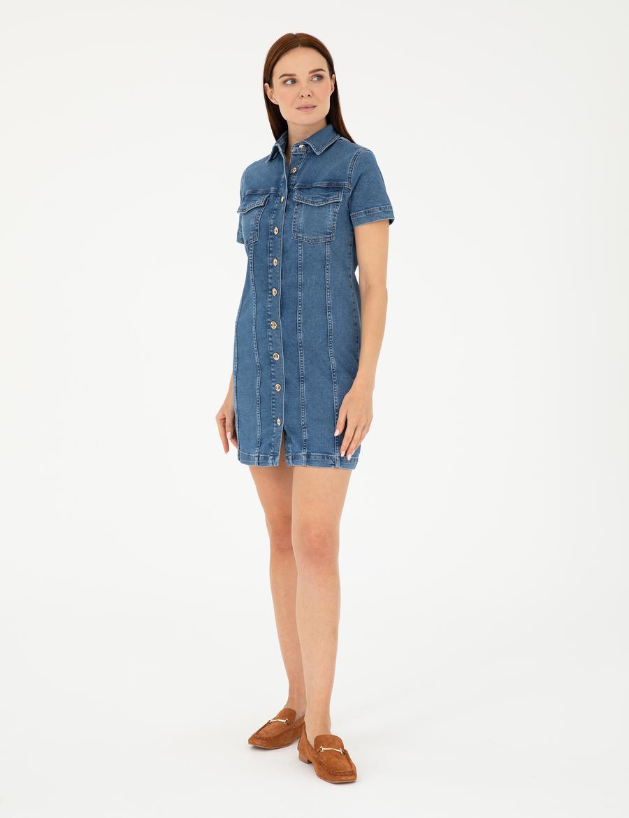 Mavi Kısa Kollu Mini Jean Elbise