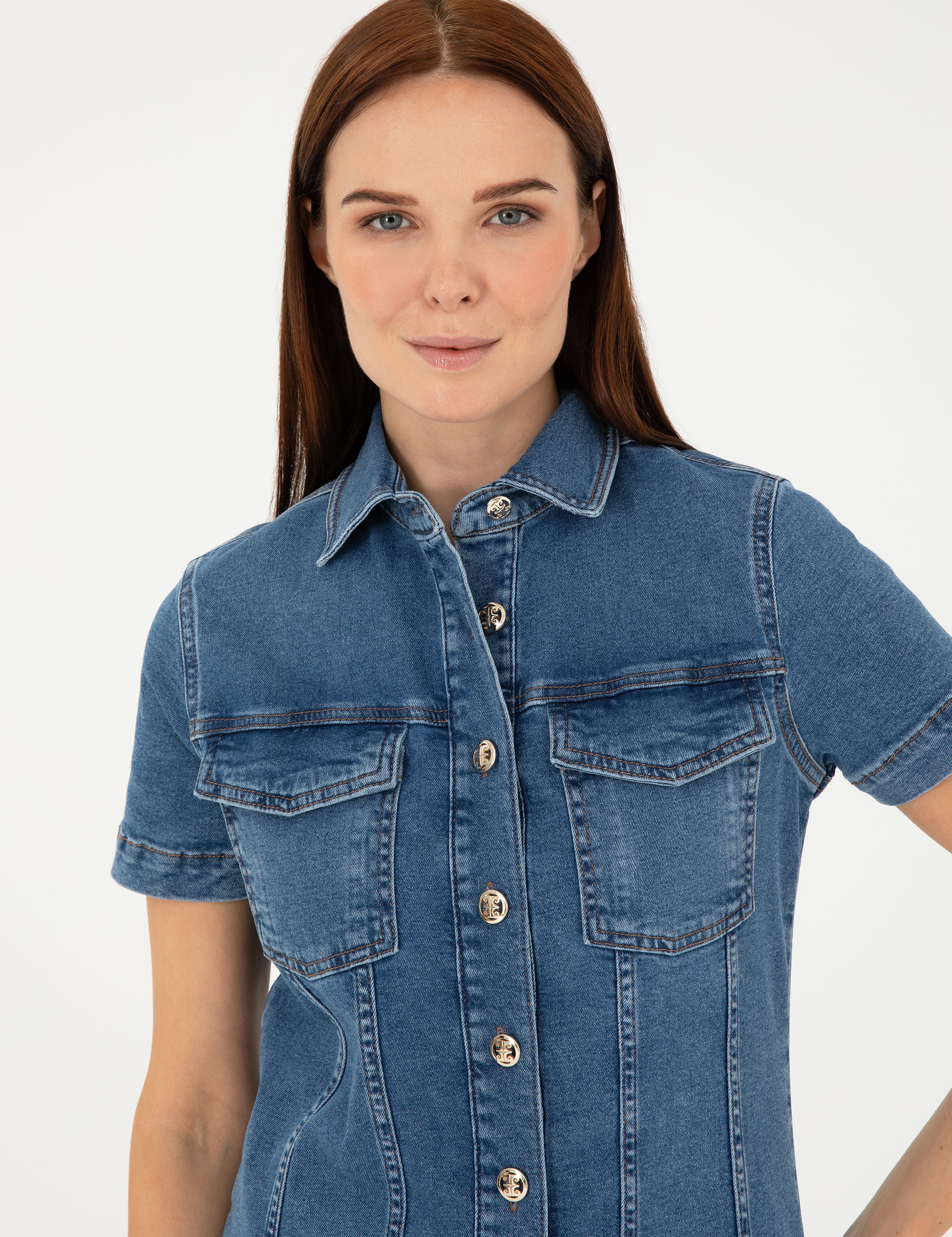 Mavi Kısa Kollu Mini Jean Elbise - Image 2