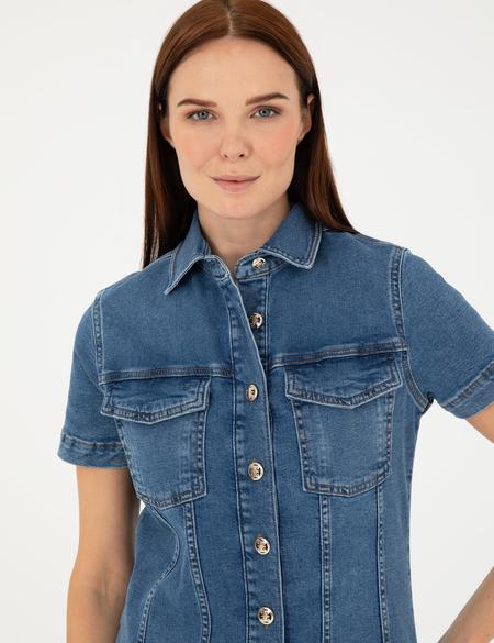 Mavi Kısa Kollu Mini Jean Elbise - 50284151004