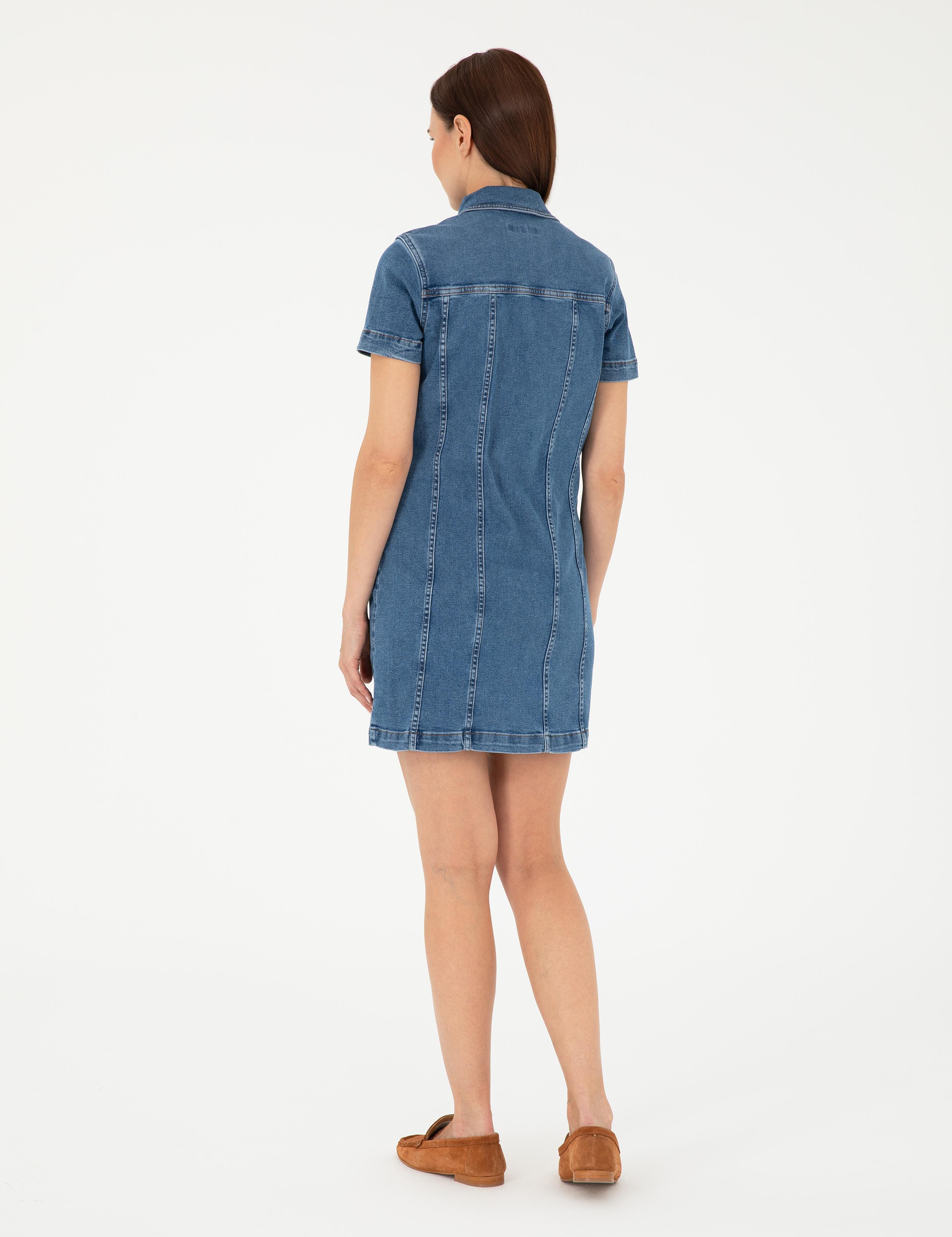 Mavi Kısa Kollu Mini Jean Elbise