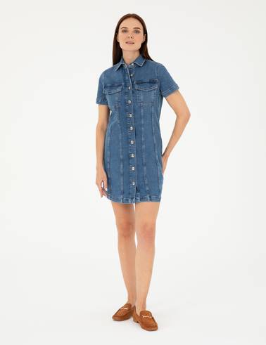 Mavi Kısa Kollu Mini Jean Elbise