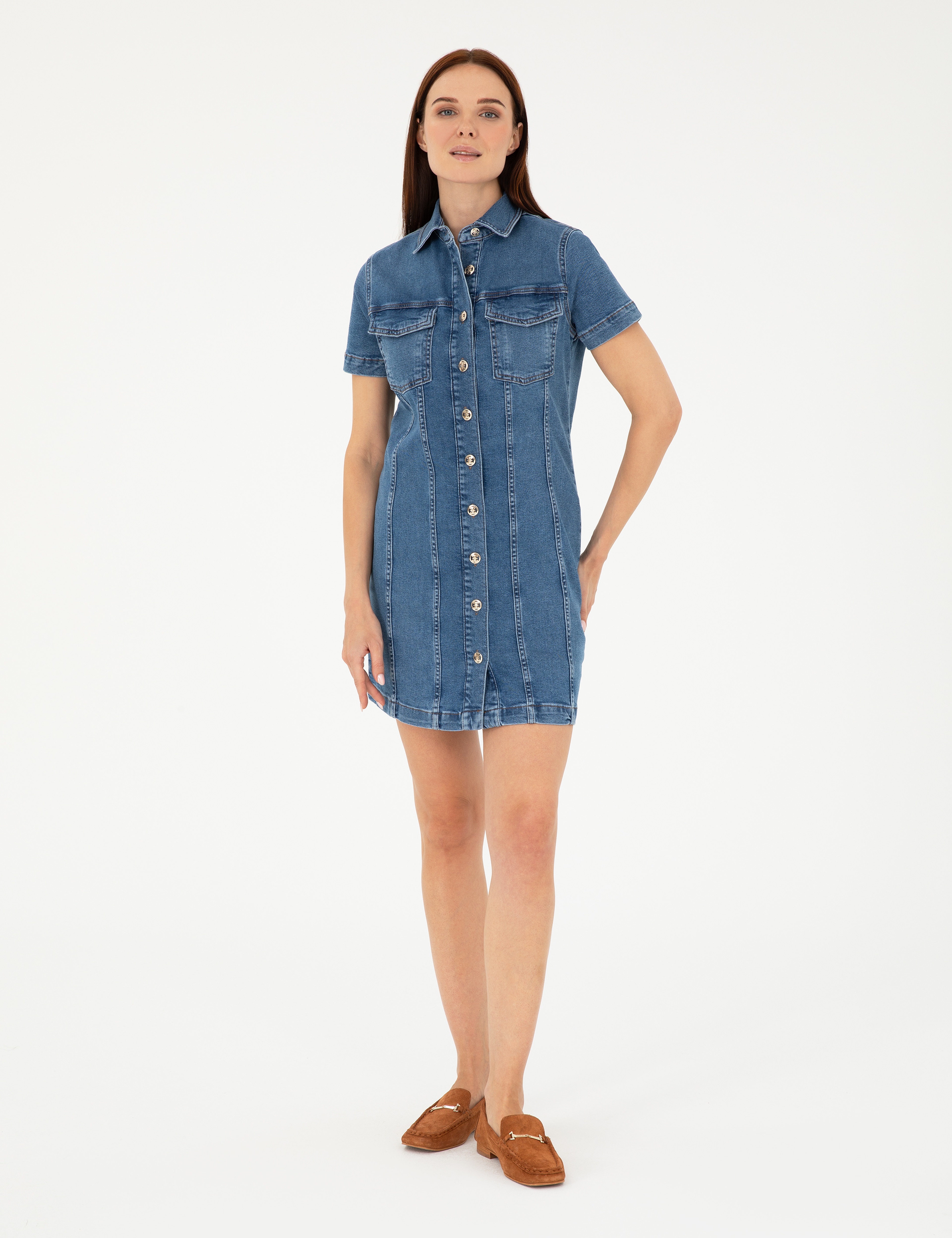 Mavi Kısa Kollu Mini Jean Elbise