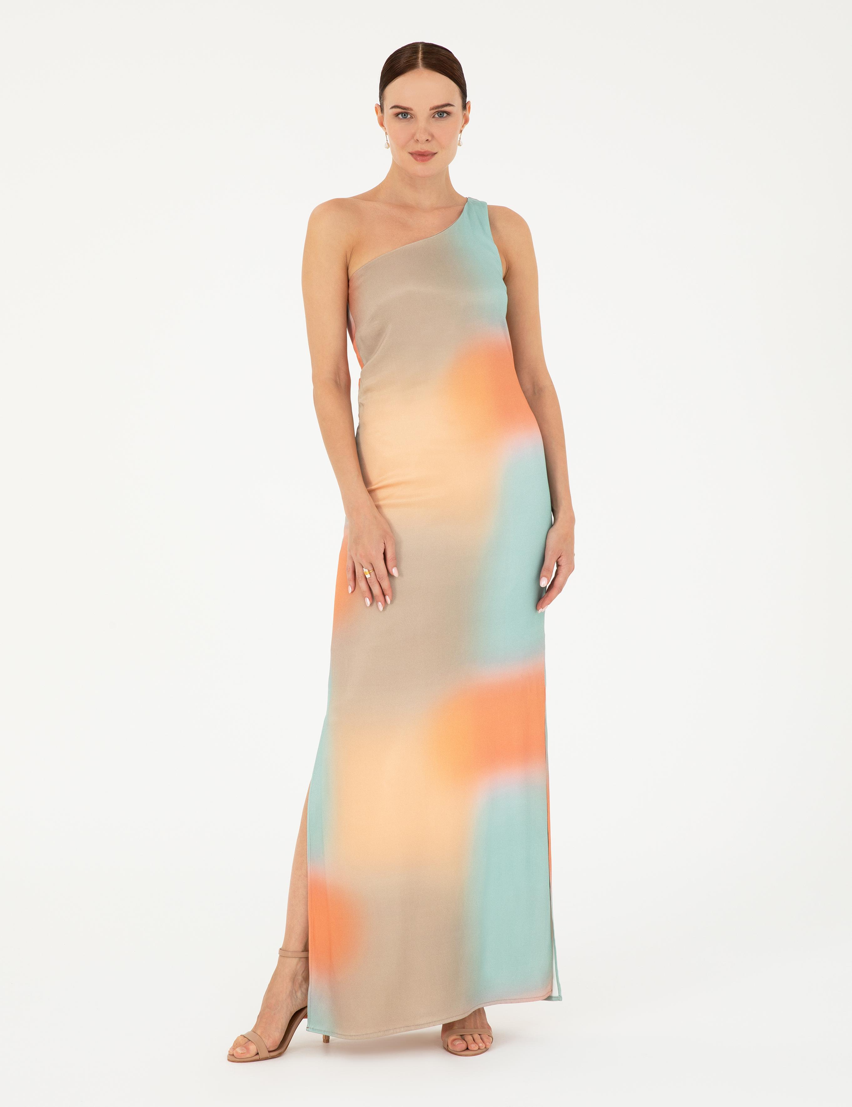 Kırmızı Desenli Regular Fit Tek Omuz Elbise