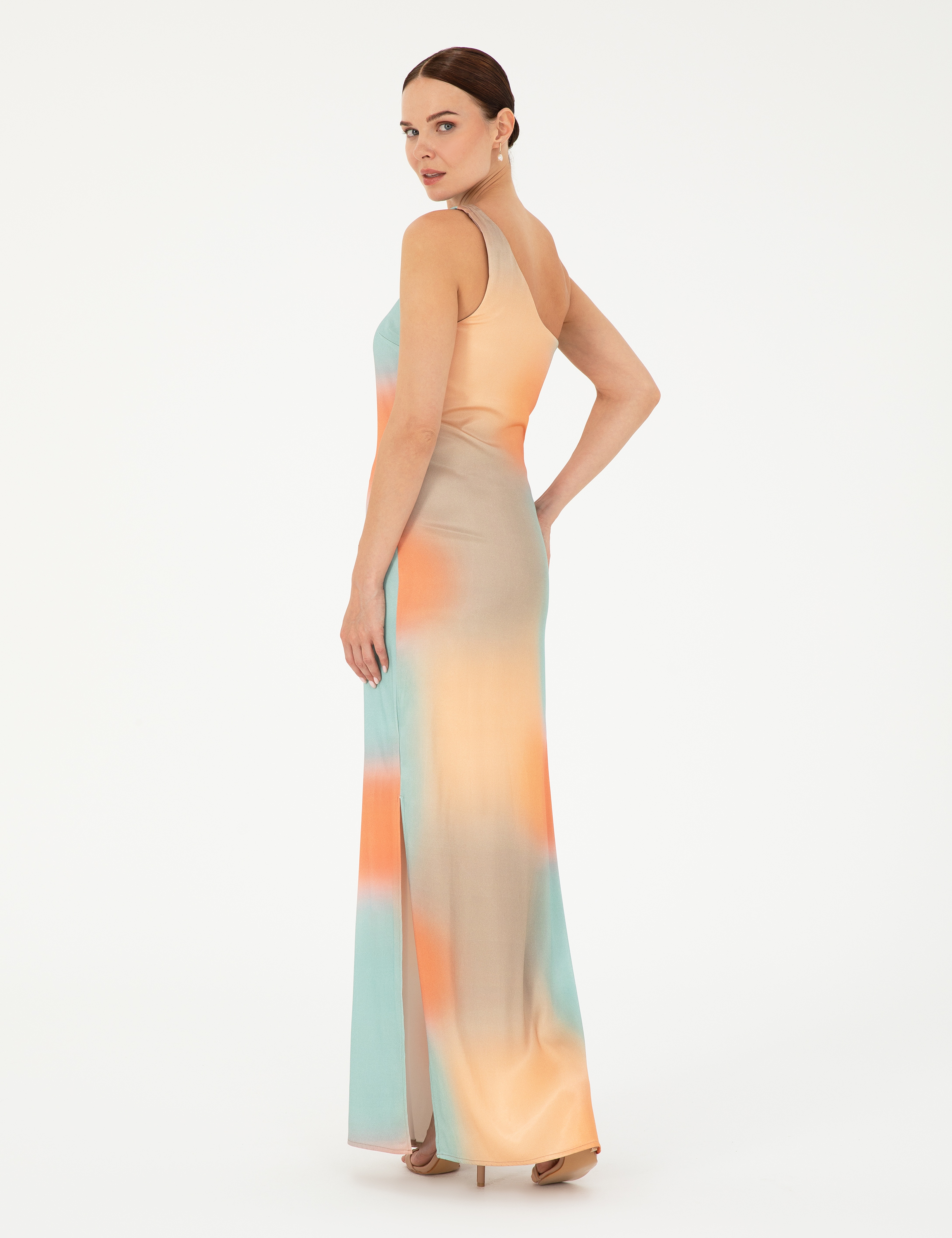 Kırmızı Desenli Regular Fit Tek Omuz Elbise - Image 4