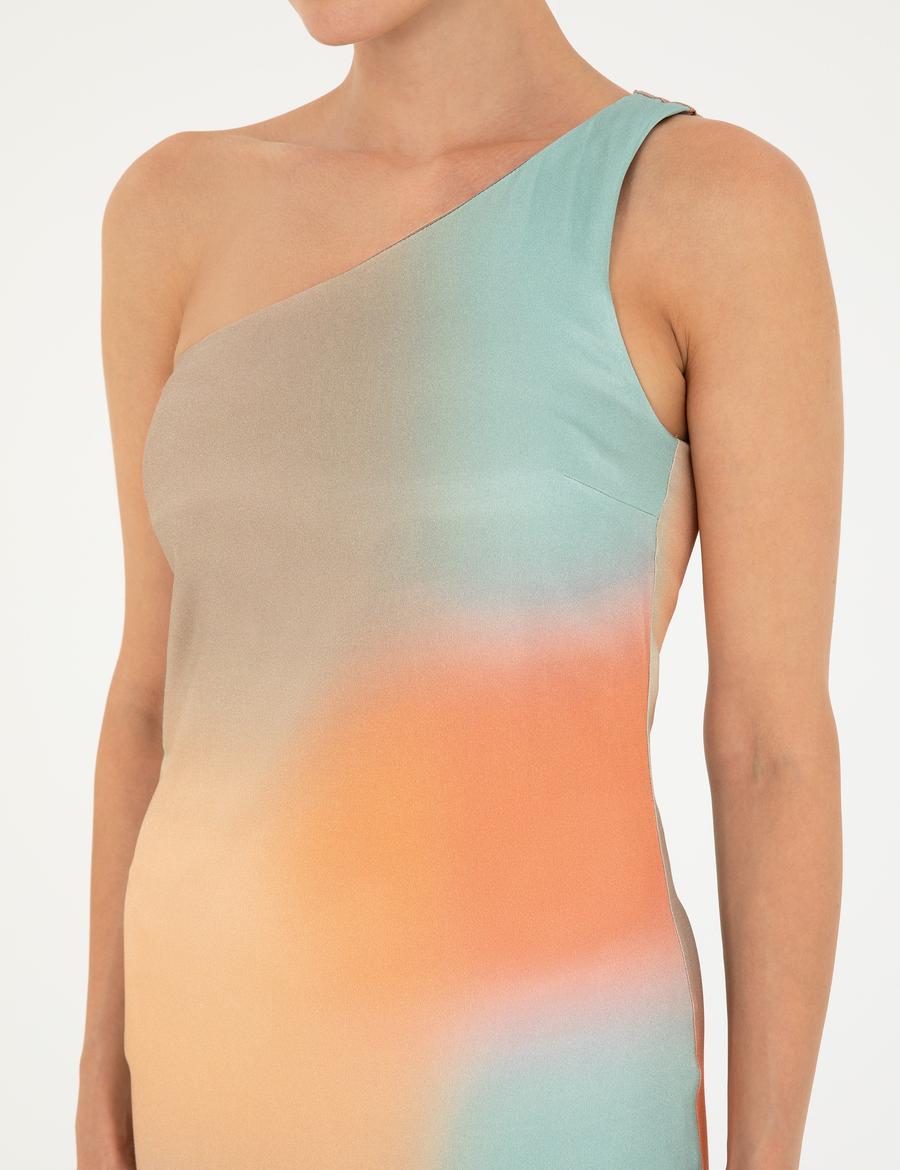 Kırmızı Desenli Regular Fit Tek Omuz Elbise