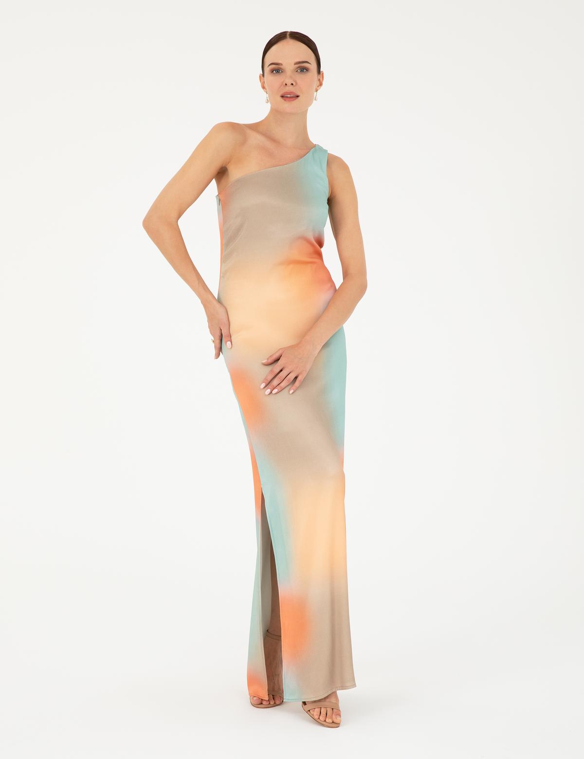 Kırmızı Desenli Regular Fit Tek Omuz Elbise