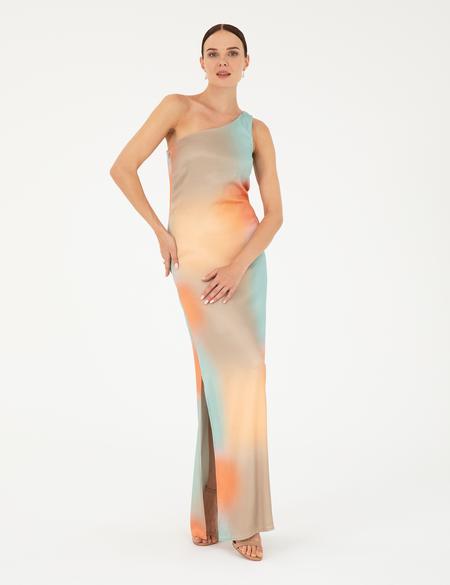 Kırmızı Desenli Regular Fit Tek Omuz Elbise - 50283654025