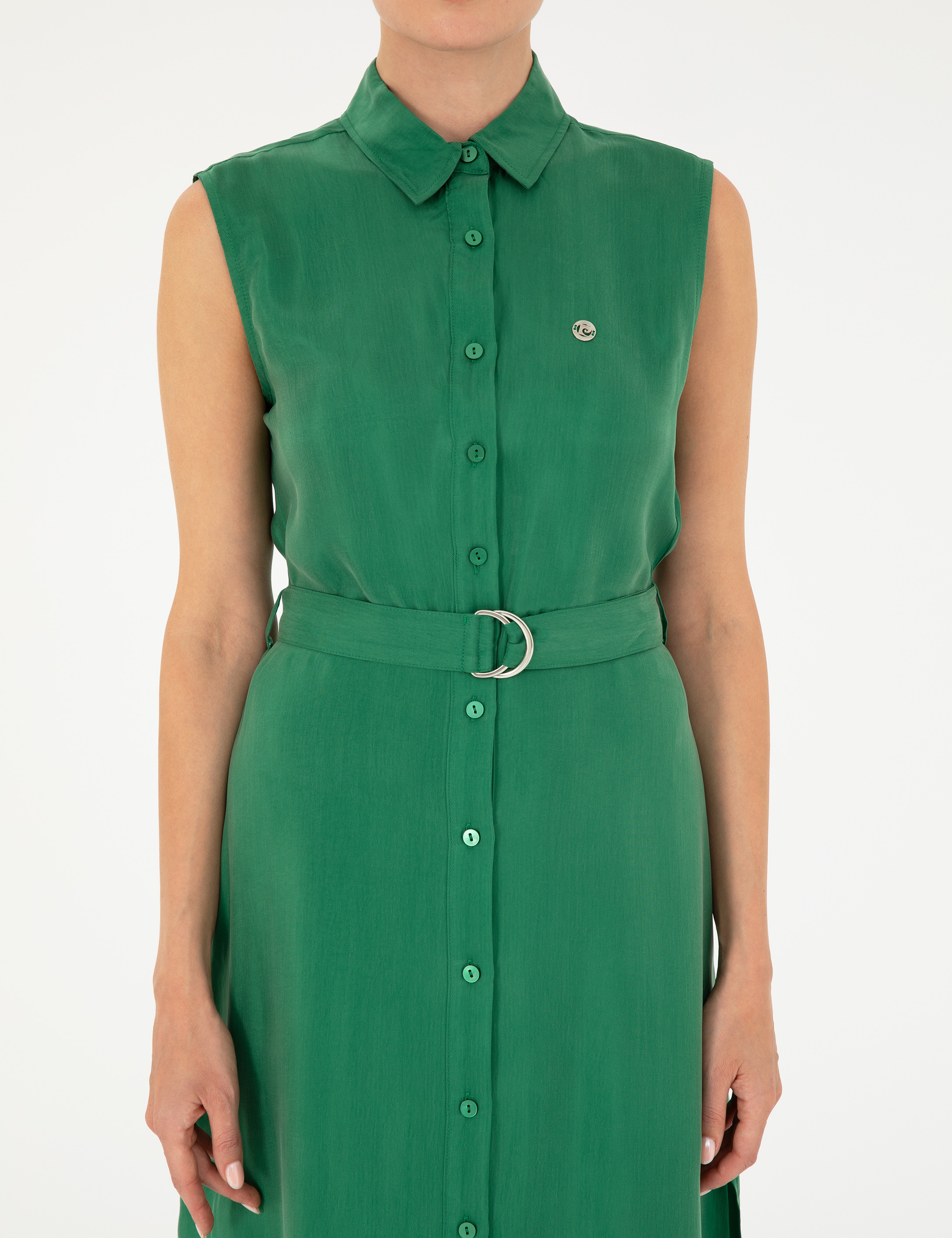 Yeşil Kolsuz Regular Fit Gömlek Elbise