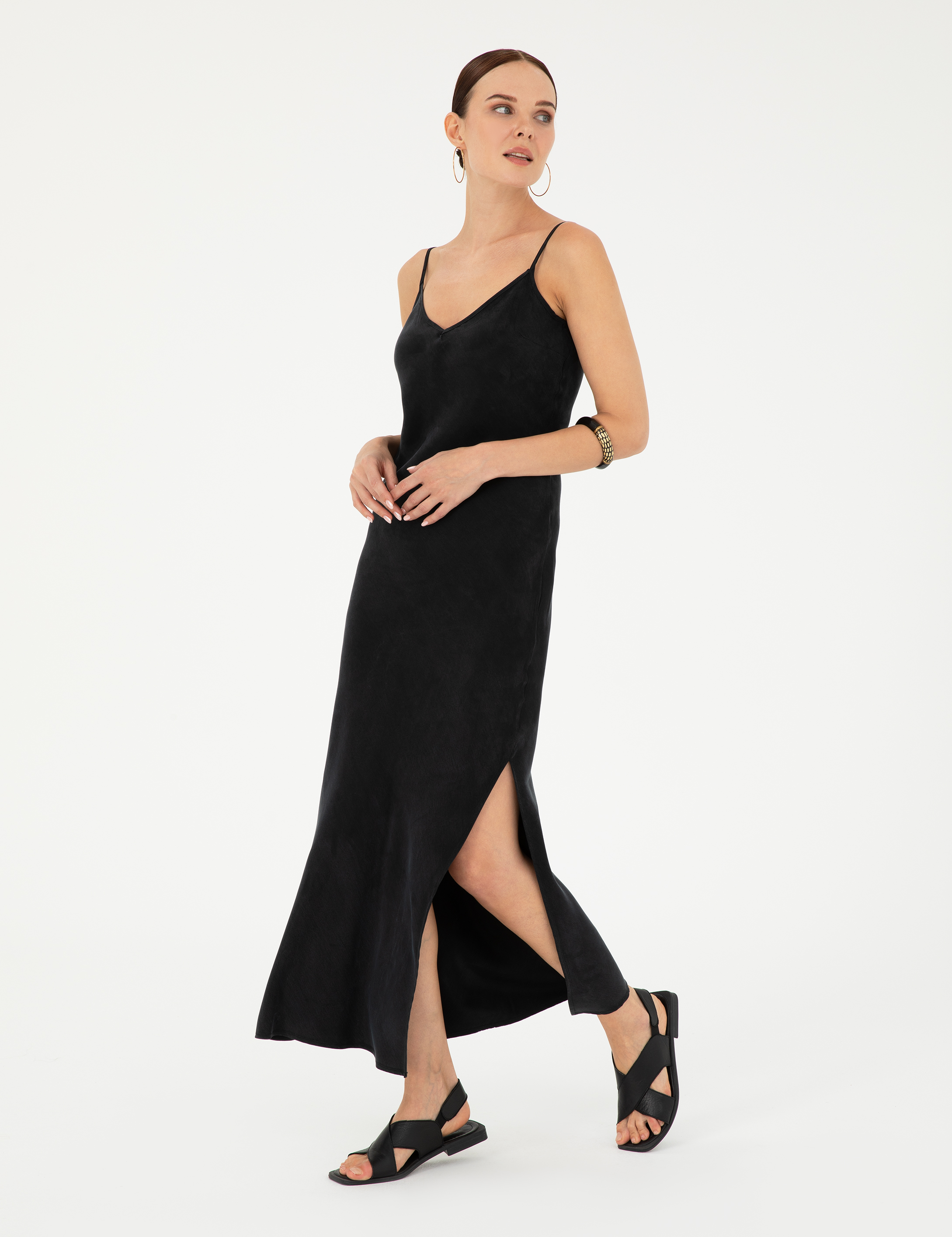 Siyah Slim Fit Dokuma Elbise - Image 3
