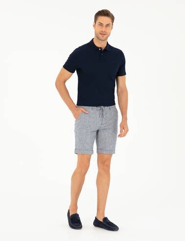 Açık Lacivert Slim Fit Keten Karışımlı Beli Lastikli Bağcıklı Dokuma Şort