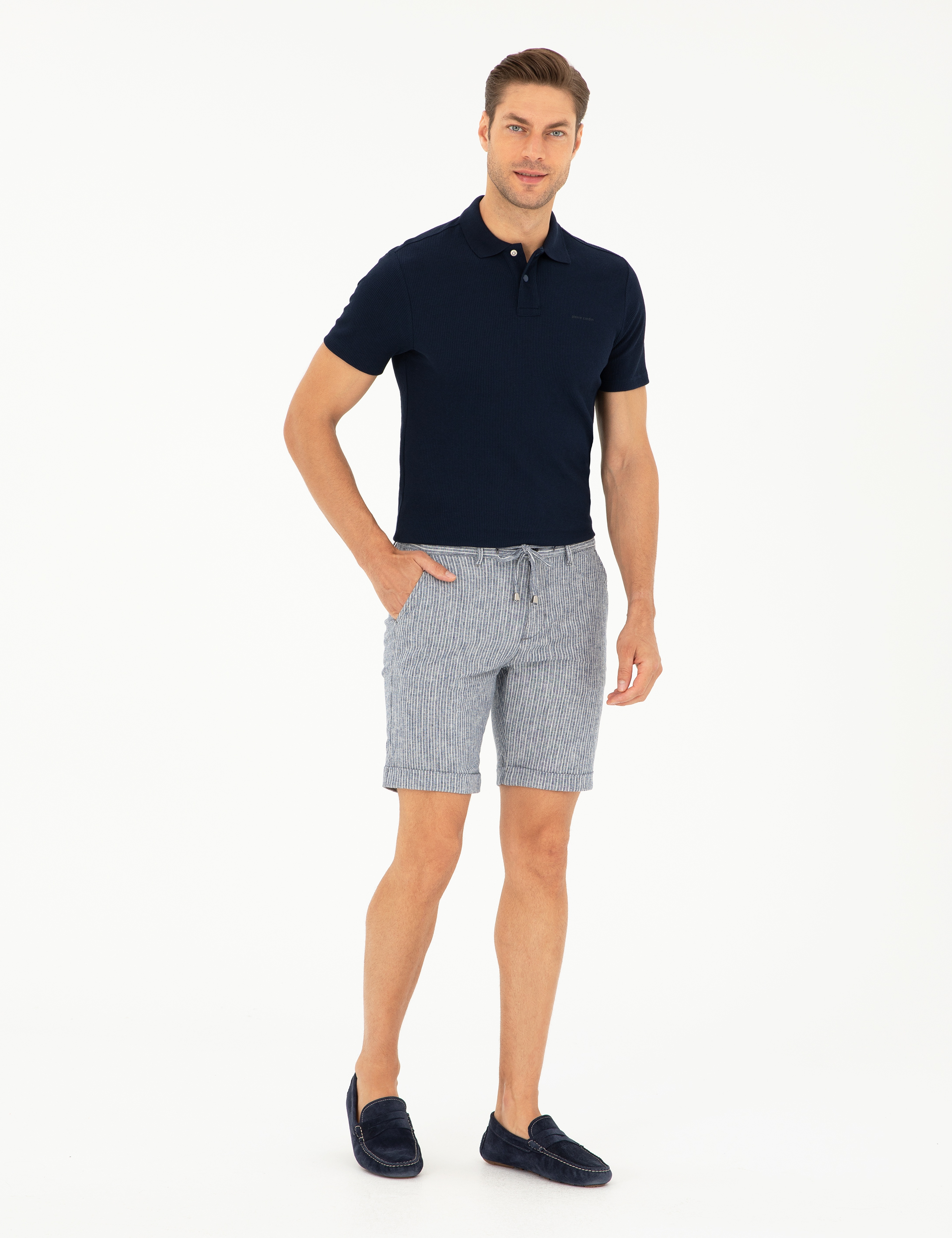 Açık Lacivert Slim Fit Keten Karışımlı Beli Lastikli Bağcıklı Dokuma Şort
